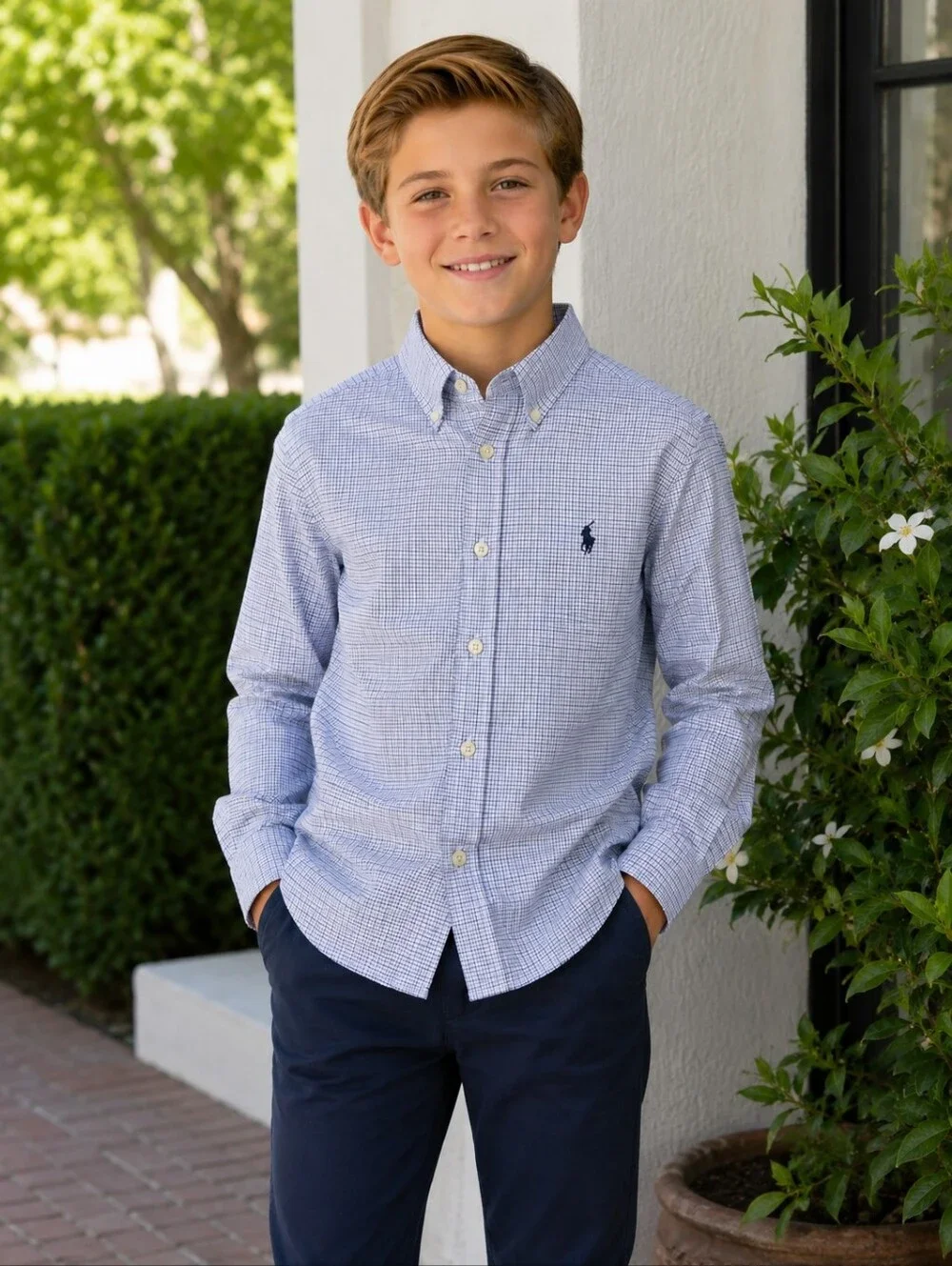 Polo Ralph Lauren Boys Long Sleeve Shirt M 10/12 Button Down Blue Plaid Stretch